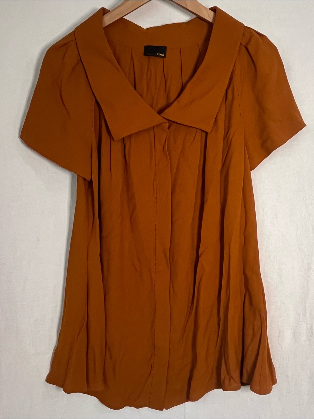 Fendi Burnt Orange Short Sleeve Wide Collar Wool Viscose Blouse Top IT 46 US 10